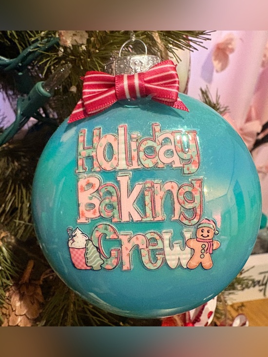 Other - Holiday Baking Crew Teal Ornament with Pink Bow shatterproof